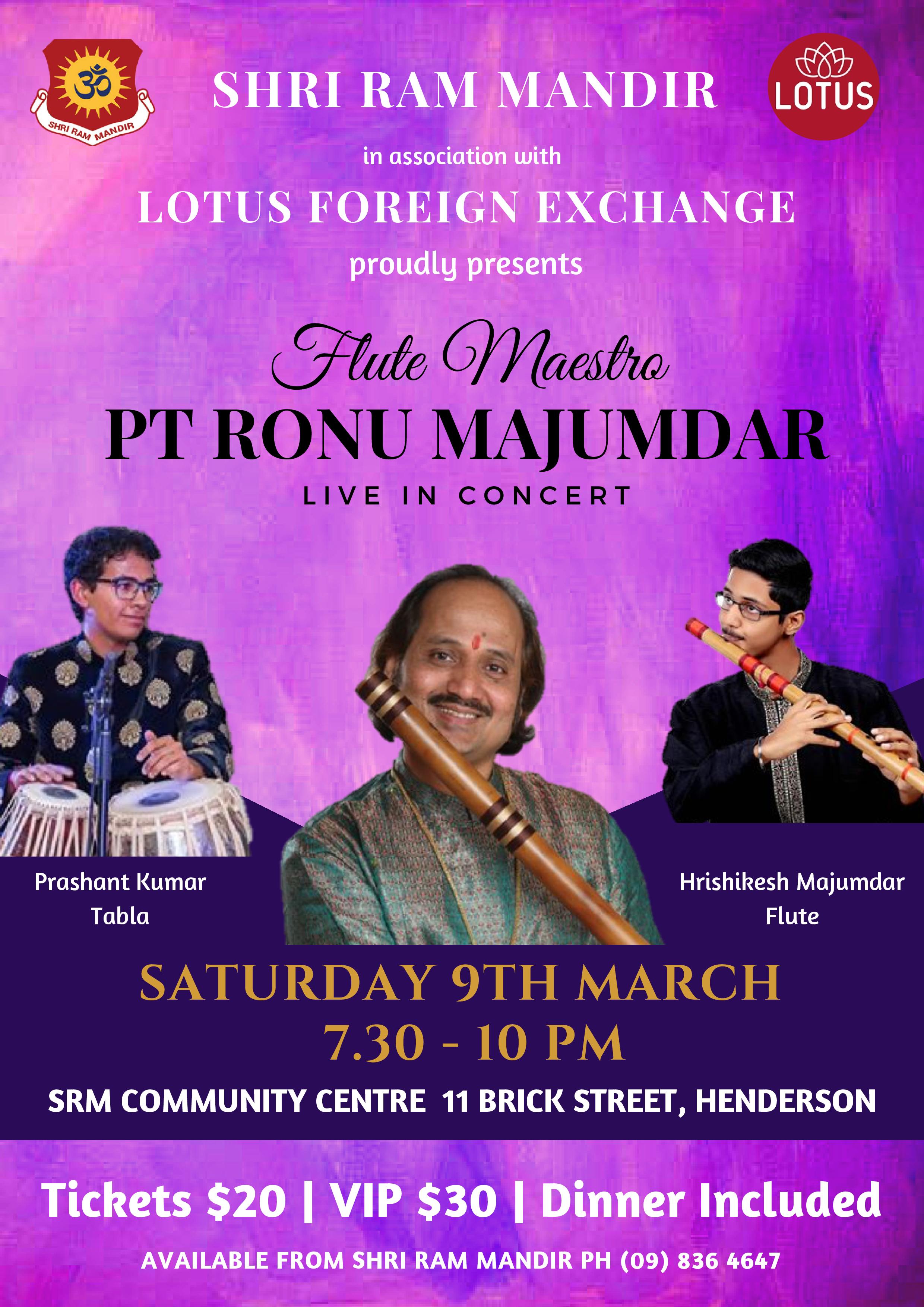 Flute Maestro PT RONU MAJUMDAR Live In Concert  Saturday 7th March 7:30 pm